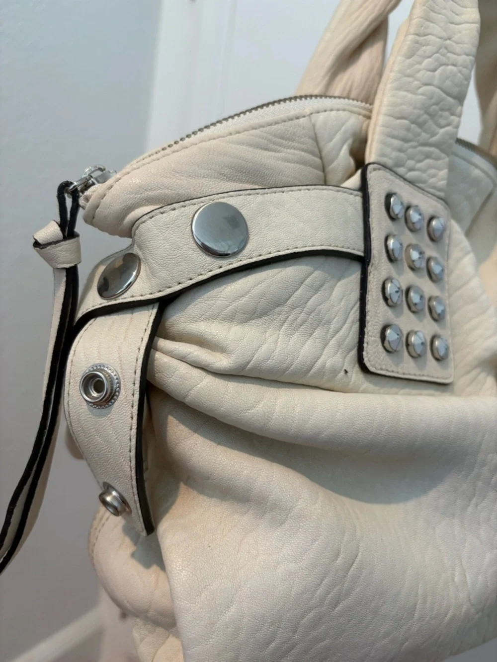 Cream Studded Top-Handle Satchel Handbag